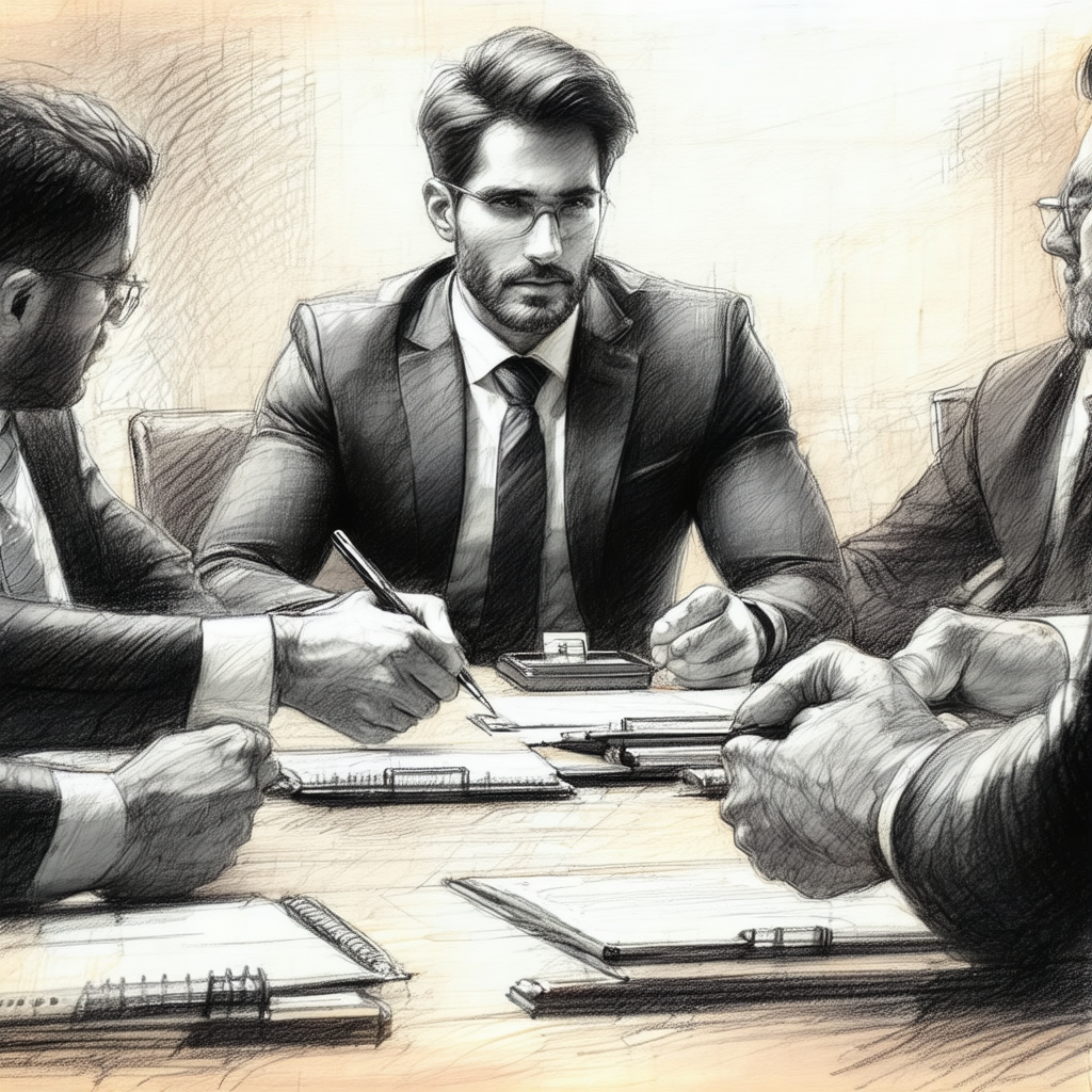 Group of three men sitting around a wooden table, engaged...