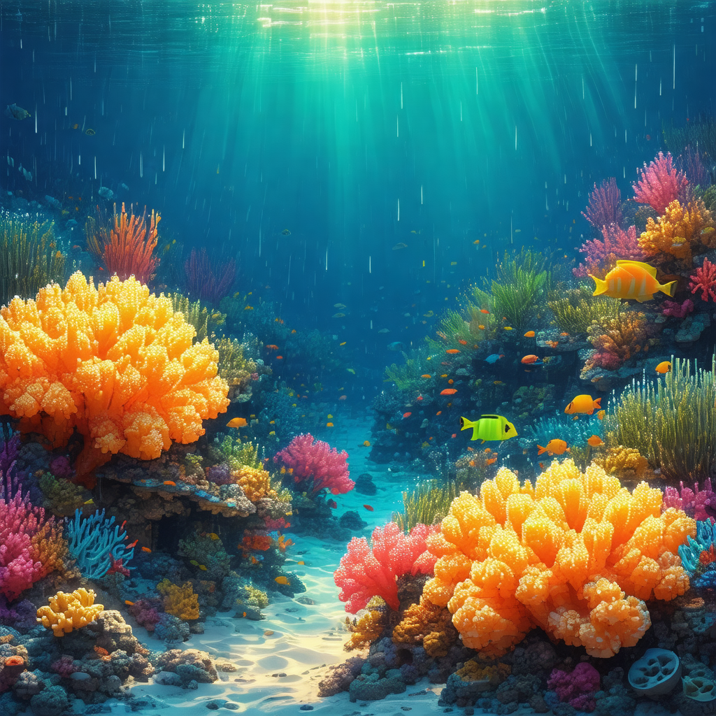 Colorful, computer-generated (cgi) underwater scene featu...