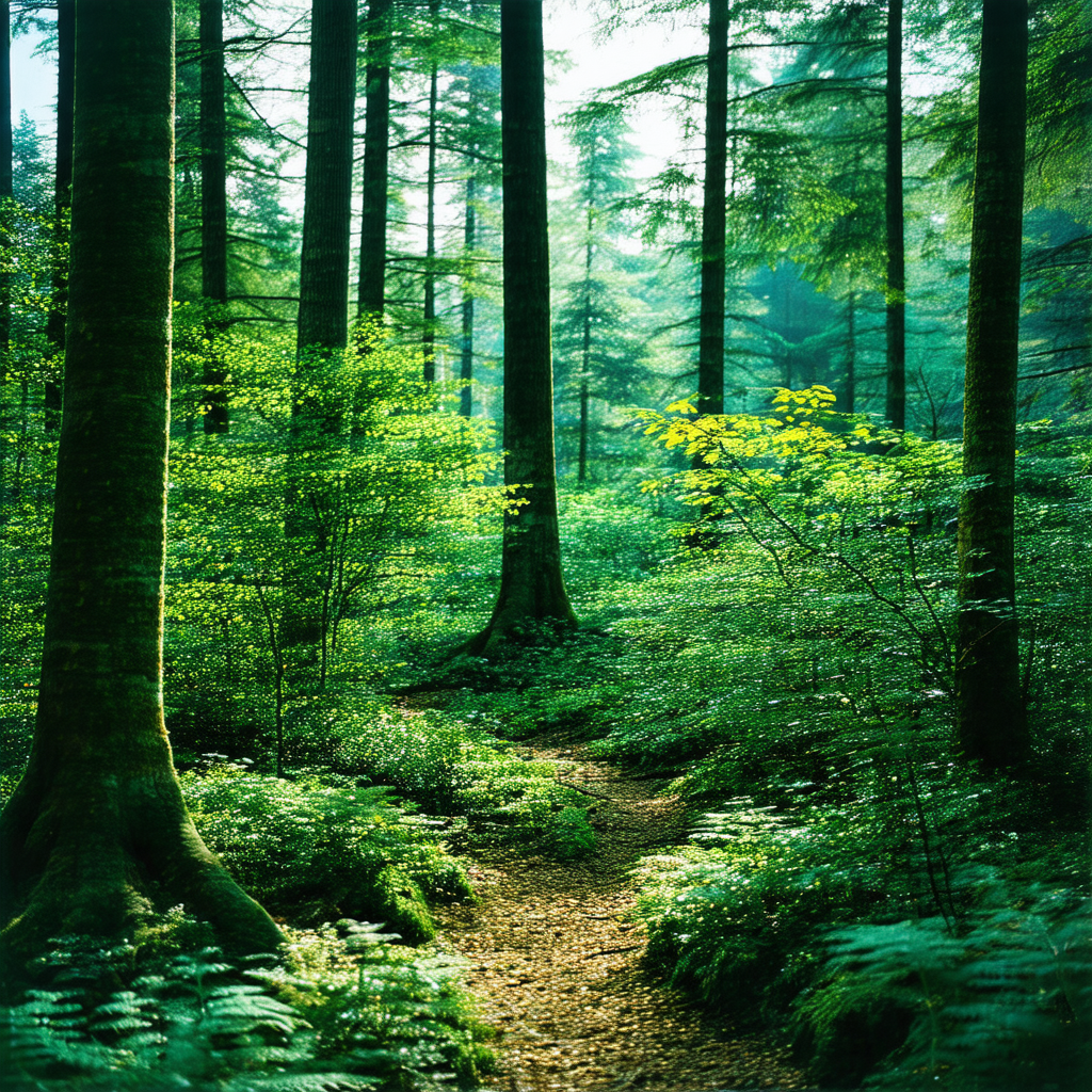 Lush green forest filled with trees and plants