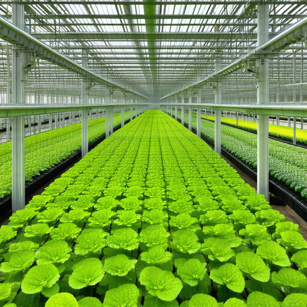 Large greenhouse filled with rows of green plants