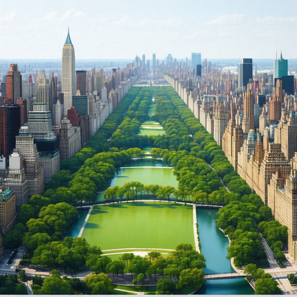 Bird's eye view of a large city, showcasing a beautiful p...