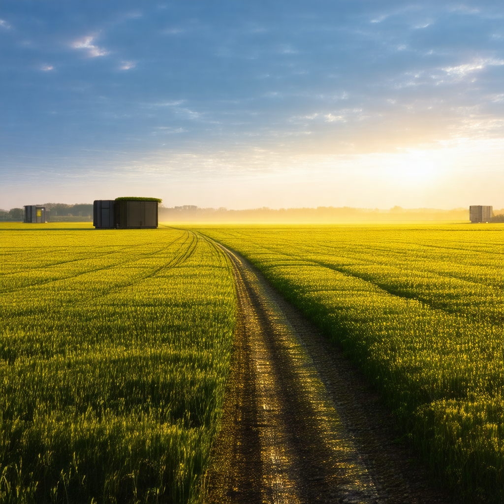 Large, lush green field with a dirt road running through it