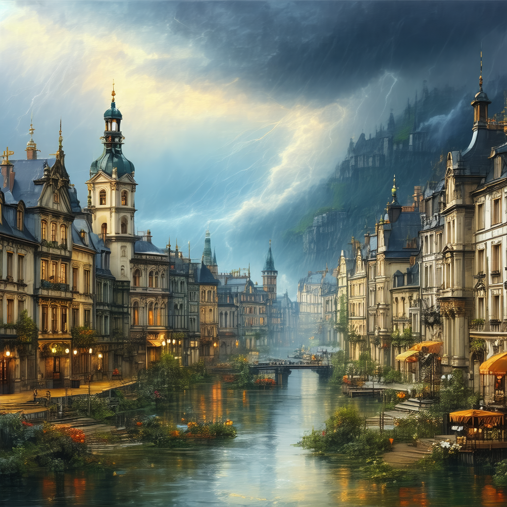 Beautifully drawn painting of a city with a river running...
