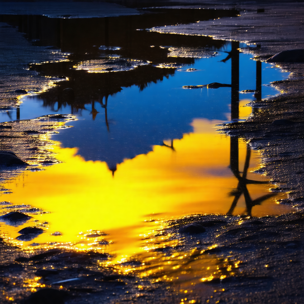 Puddle of water on a dirt road, reflecting the sky and th...