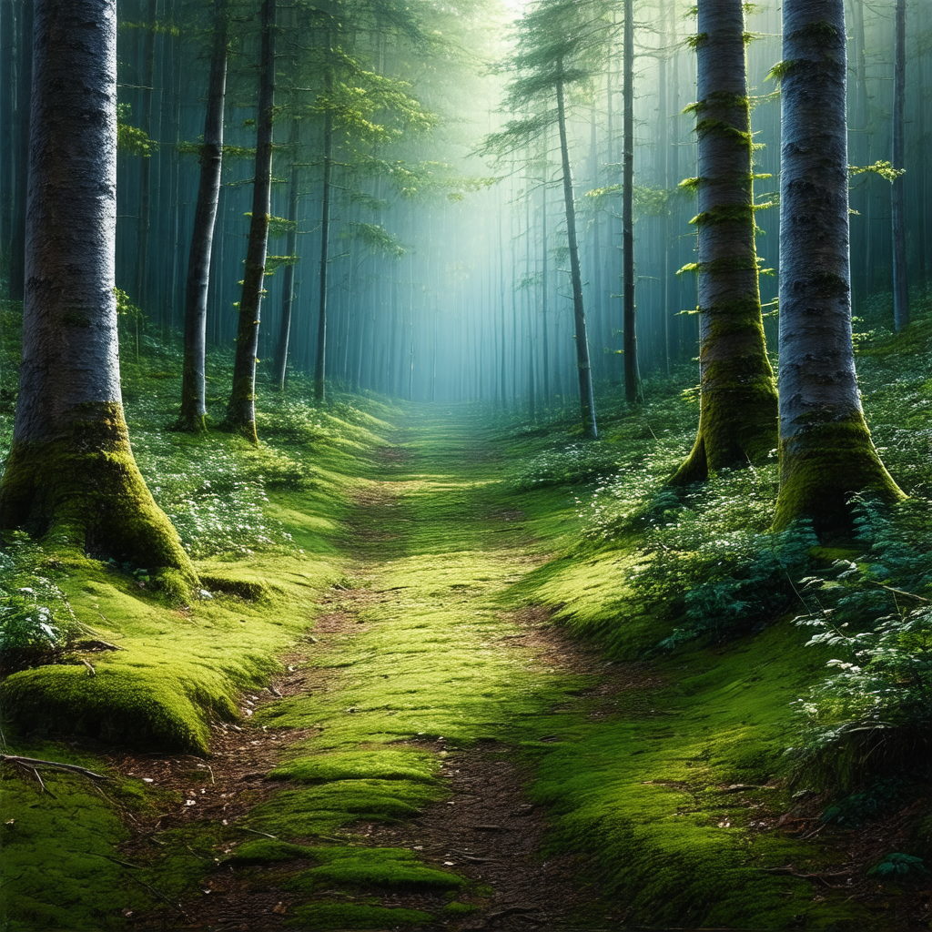 Lush green forest with a dirt path running through it