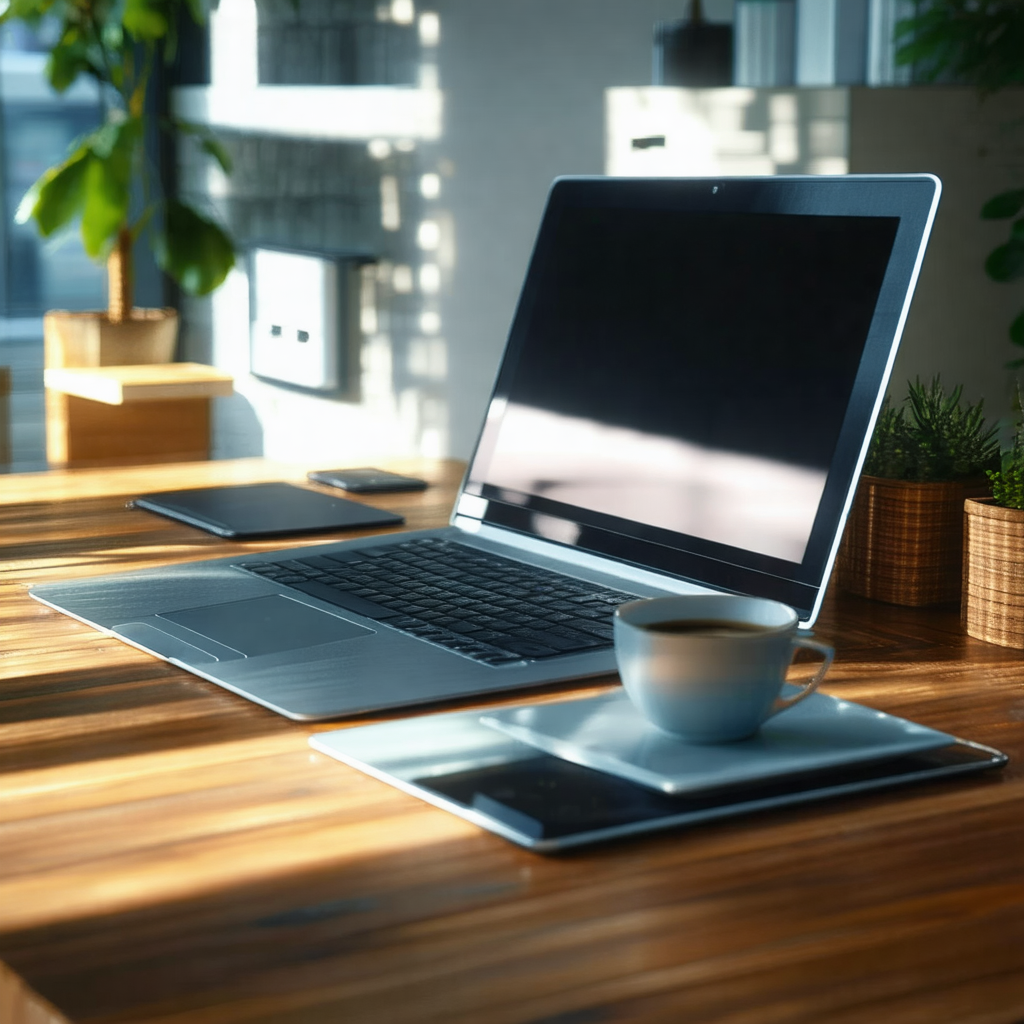 Wooden desk with a laptop computer sitting on top of it