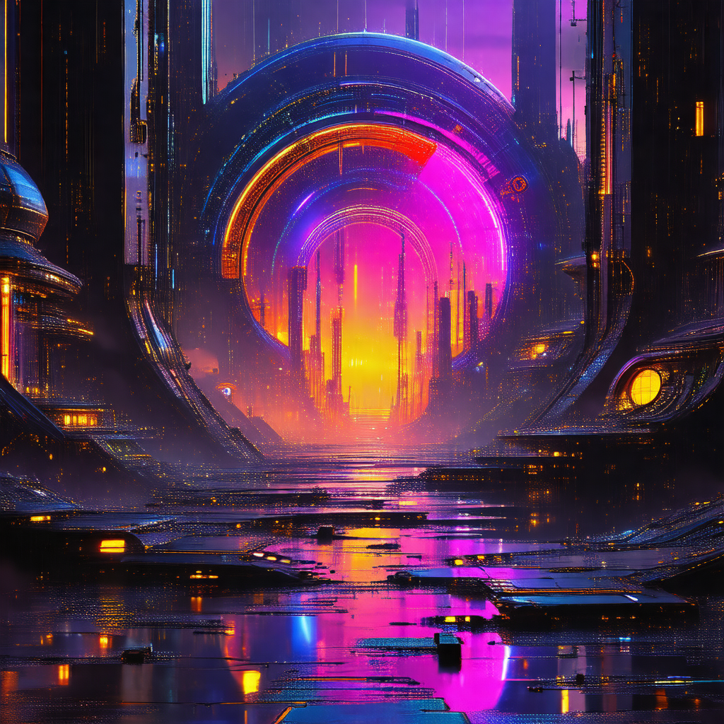 Futuristic cityscape with a large, purple, circular struc...