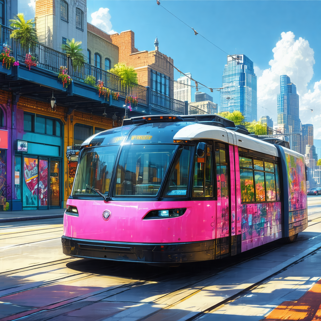 Colorful painting of a city street with a pink and white ...