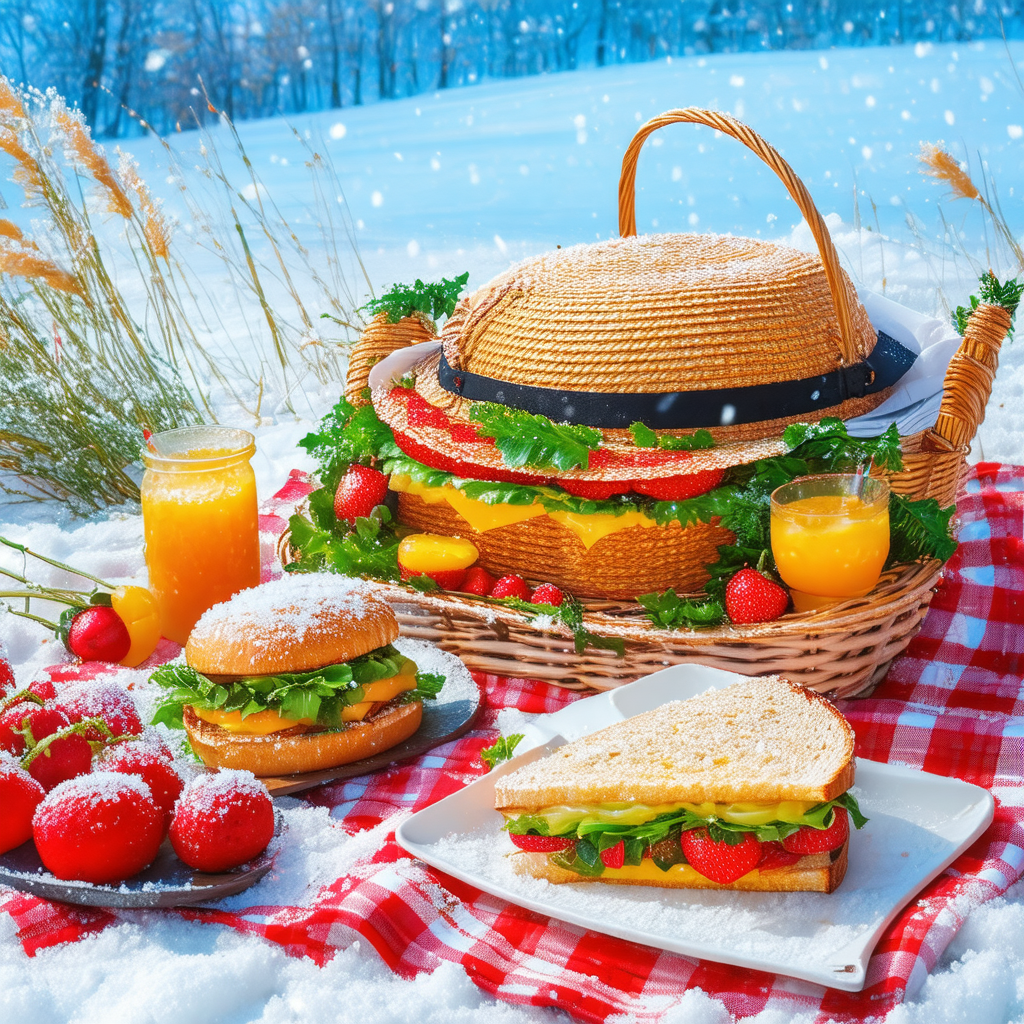 Snowy landscape with a basket filled with sandwiches and ...
