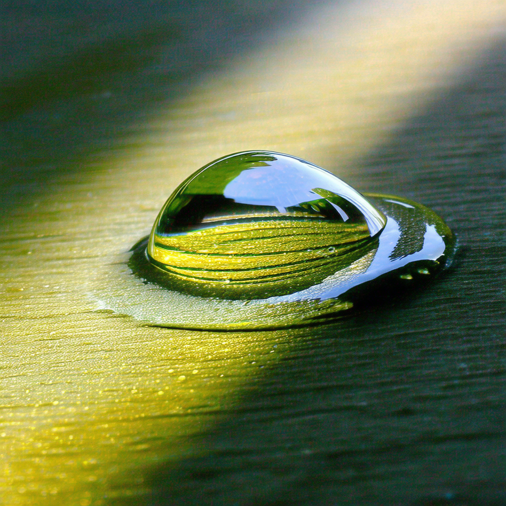 Single drop of water sitting on a wooden surface, possibl...