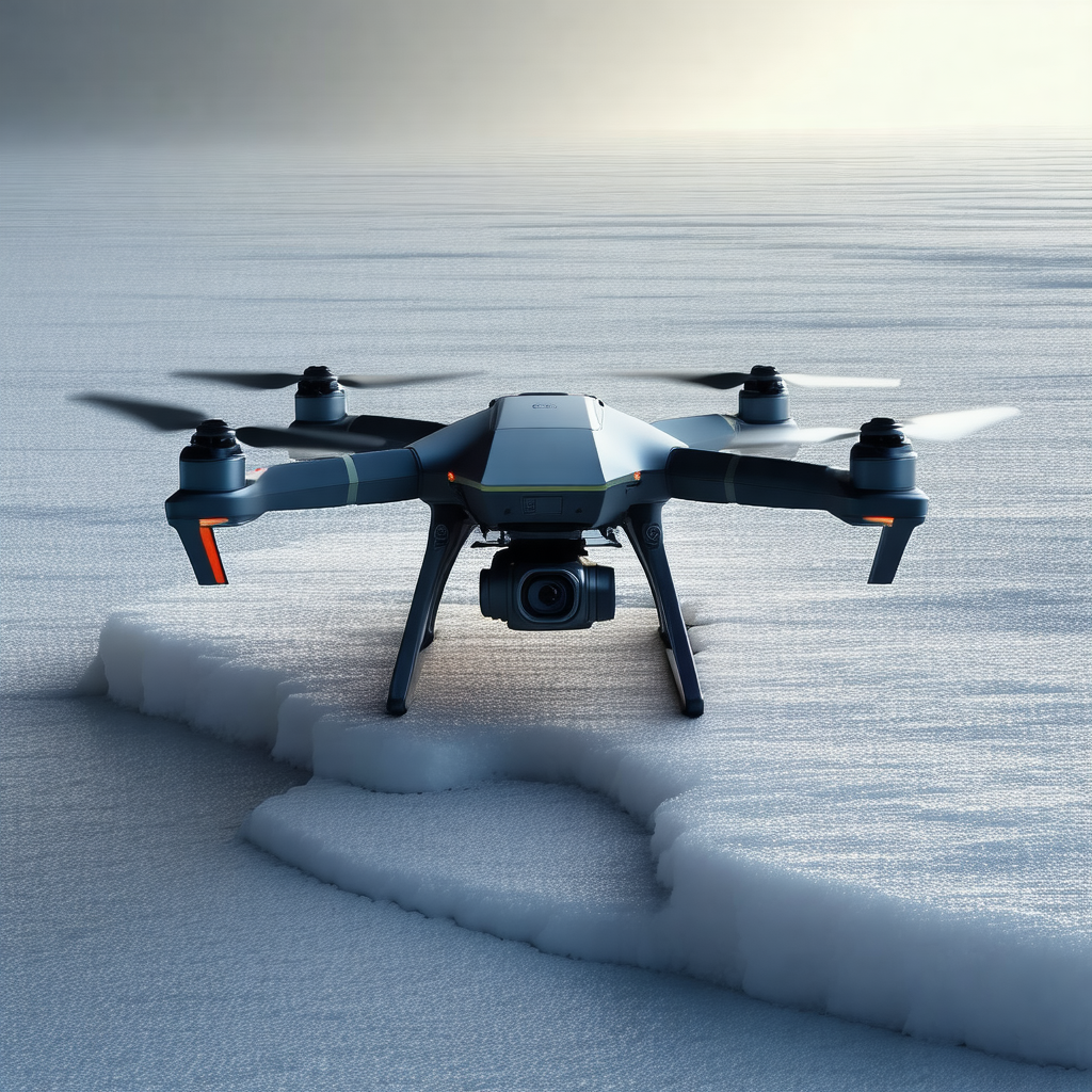Large drone flying over a snow-covered landscape