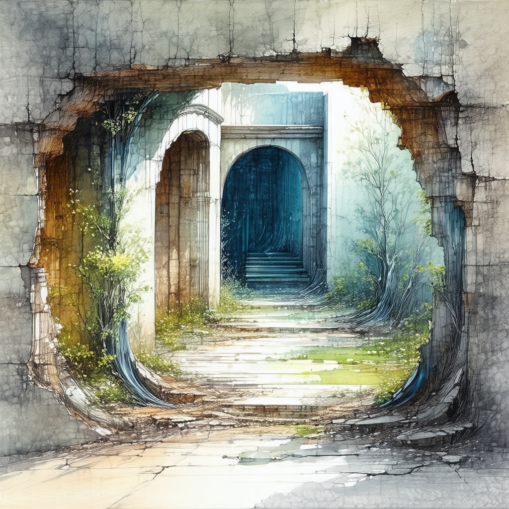 Stone archway with a staircase leading to a doorway