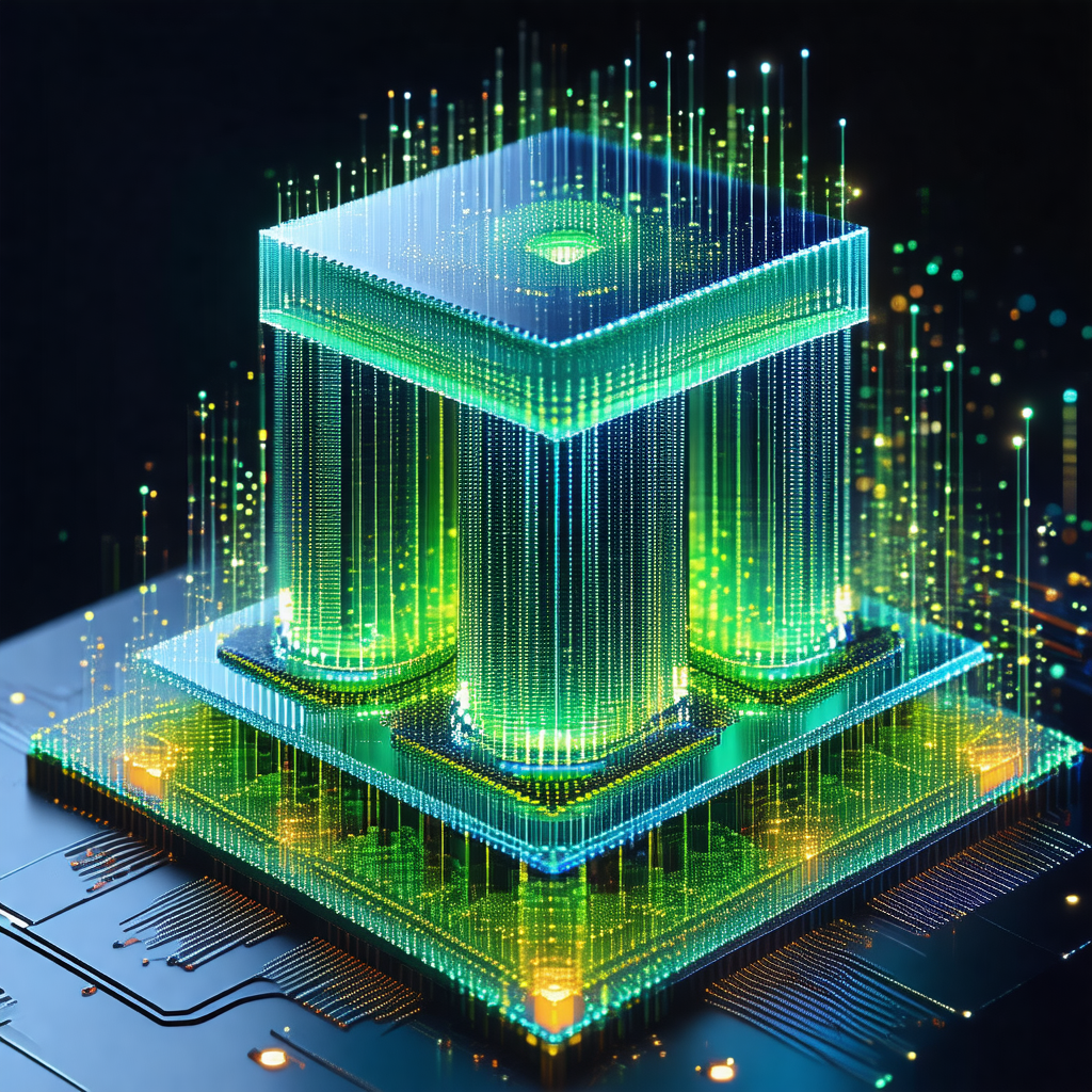 Three-dimensional, green, glowing cube with a square base