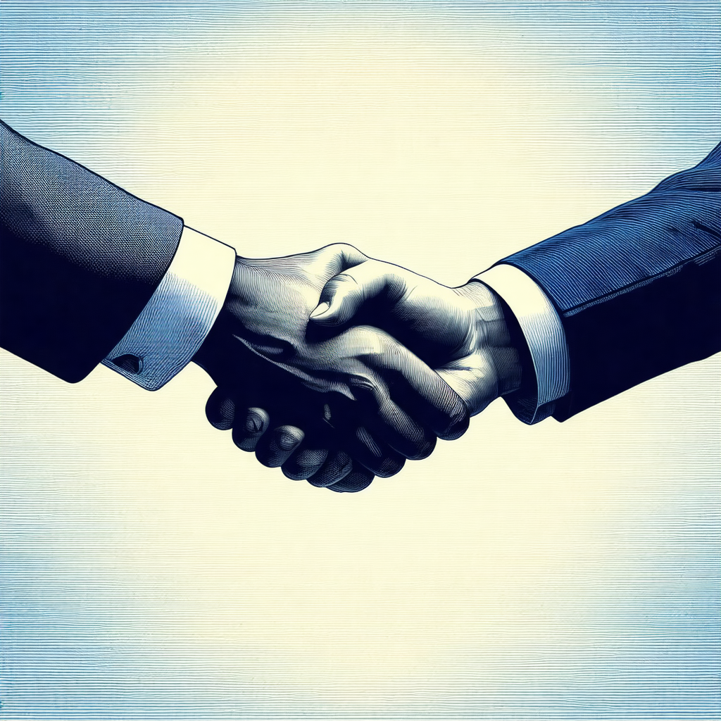 Two men are shaking hands in a business setting