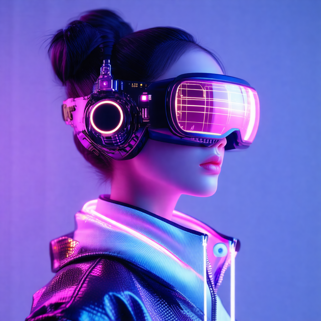 Woman wearing a futuristic outfit, including a jacket and...