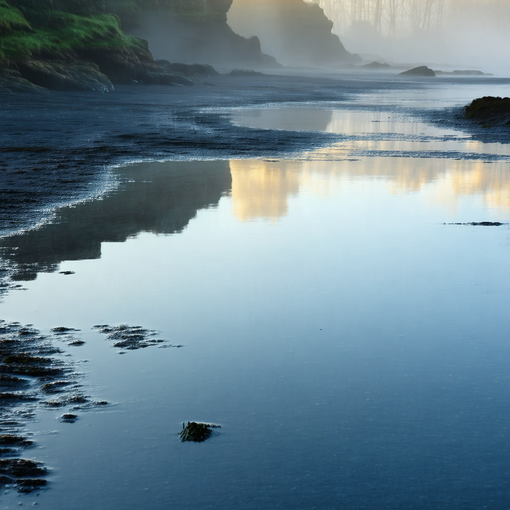 Serene beach scene with a body of water, possibly a lake ...