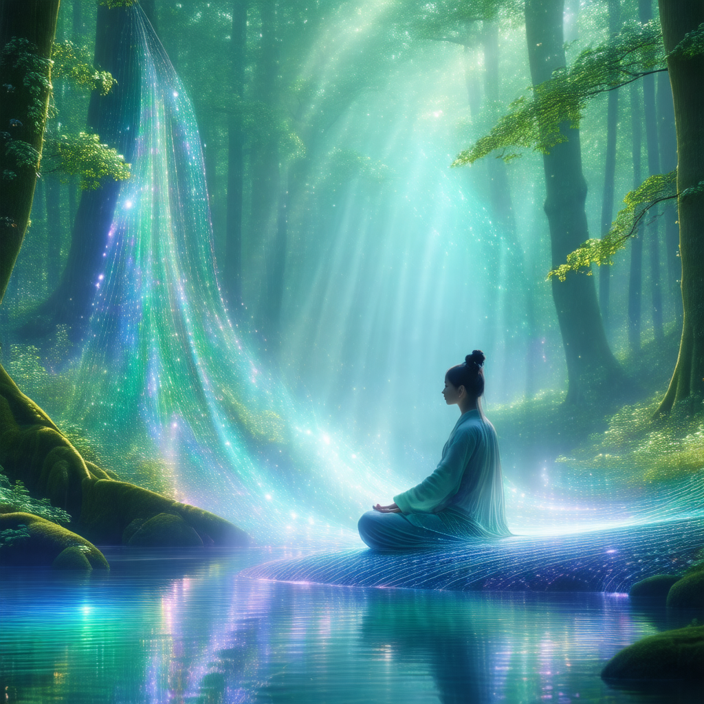 Woman sitting in a serene environment, surrounded by a fo...