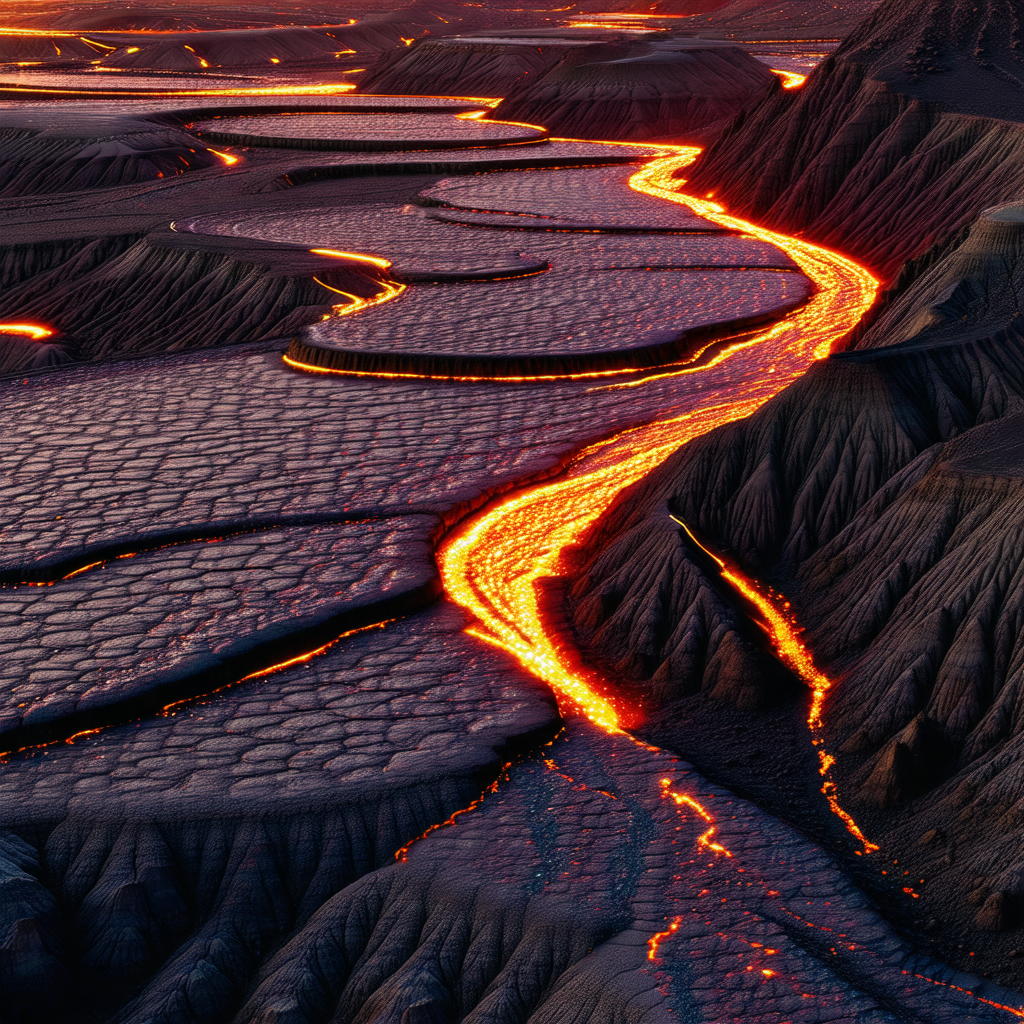 Large, red lava flow that is spreading across the landscape