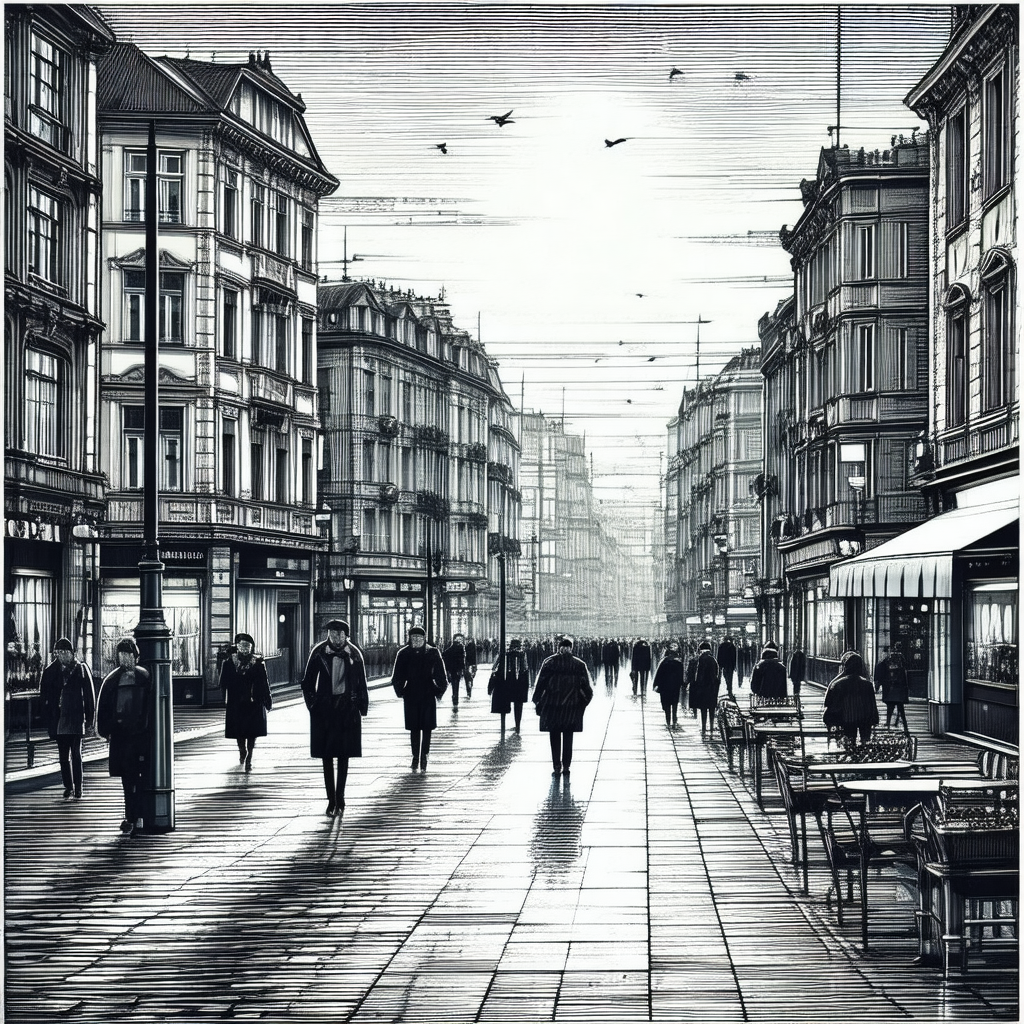 Black and white drawing of a city street