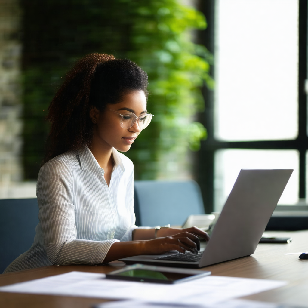 Woman sitting at a desk, working on a laptop computer