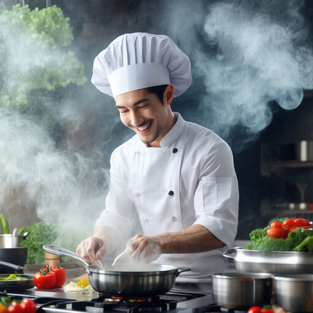 Chef in a kitchen, preparing a meal