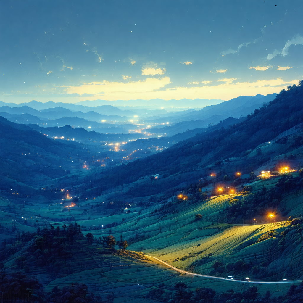Beautiful, lush green valley at night, with a road runnin...