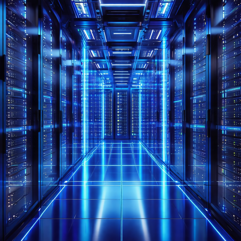 Large, blue-lit room filled with rows of computer servers