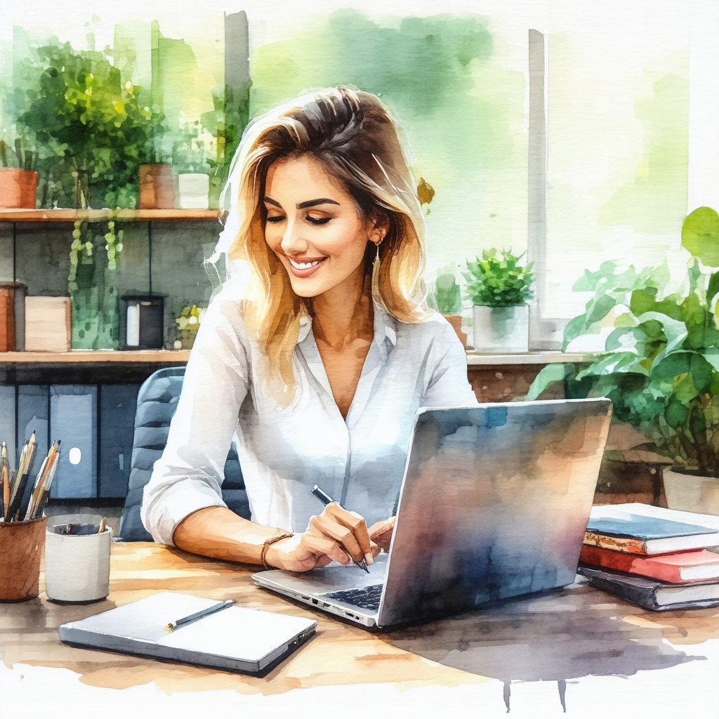 Woman sitting at a desk, working on her laptop