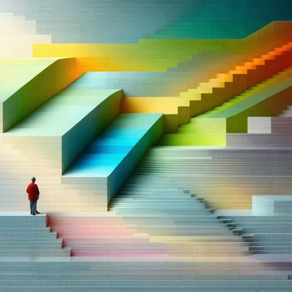 Person standing on a staircase, possibly a man, wearing a...
