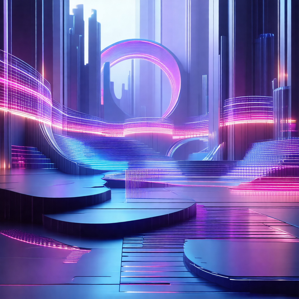 Futuristic scene featuring a large, curved, and colorful ...