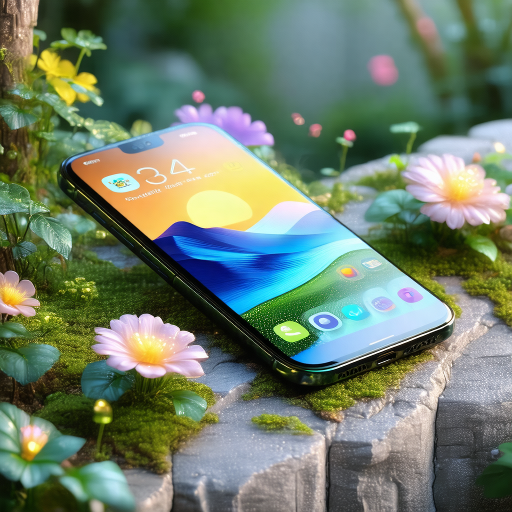 Cell phone placed on a rock, surrounded by a variety of f...