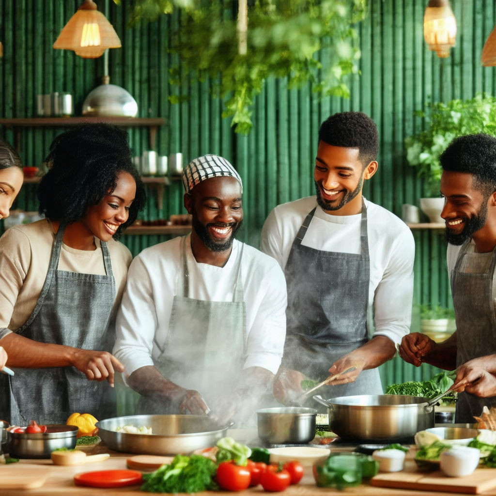 Group of five people gathered in a kitchen, preparing foo...