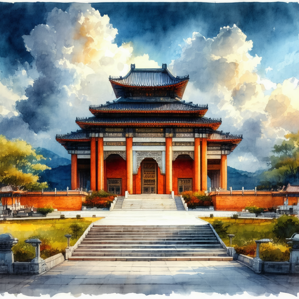 Painting of a large, ornate building with a red roof