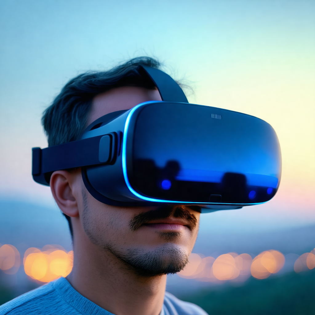 Man wearing a blue virtual reality headset, which is desi...