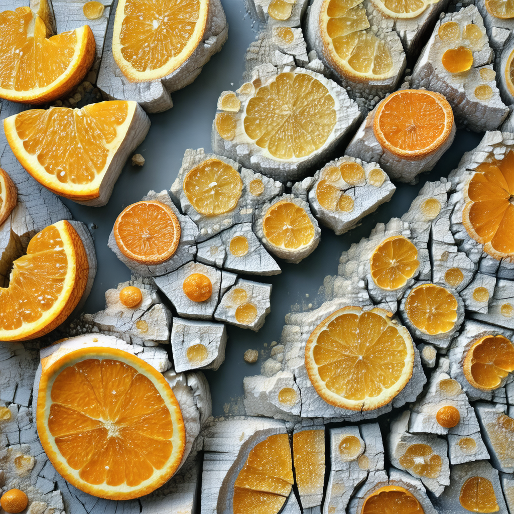 Large, artistic display of oranges and white rocks
