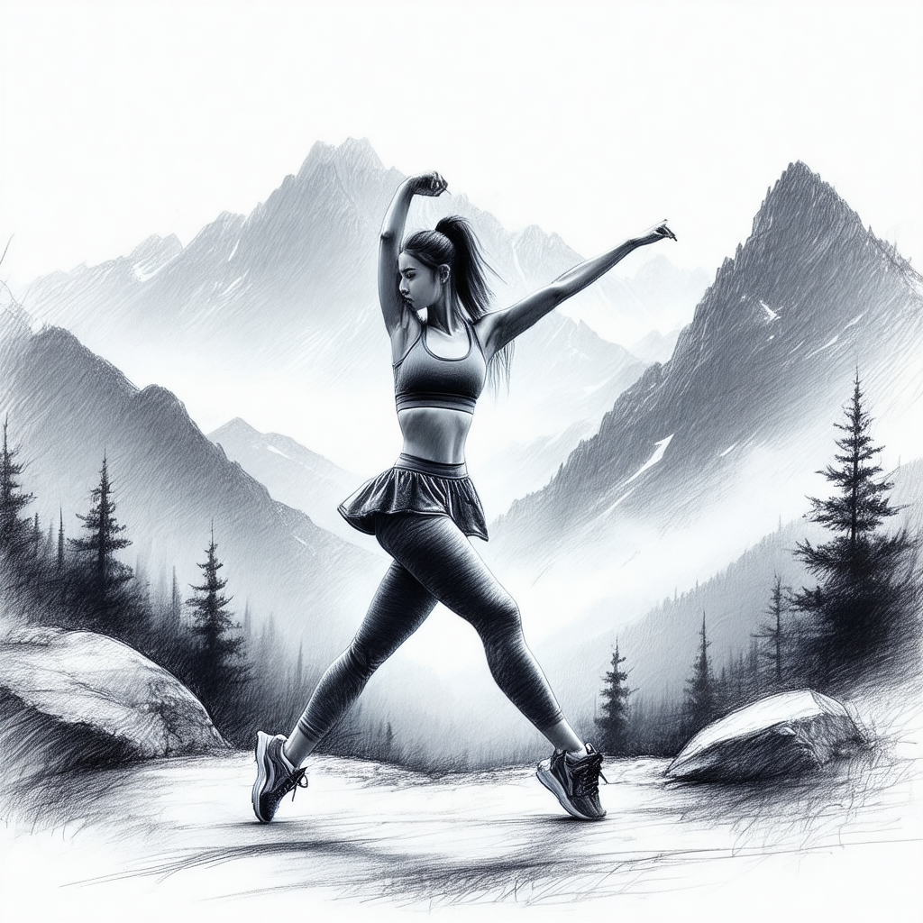 Black and white drawing of a woman dancing in a mountaino...