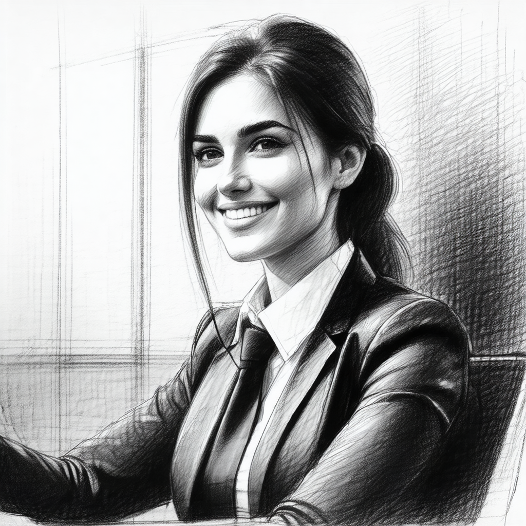 Woman wearing a suit and tie, sitting in a chair and smiling