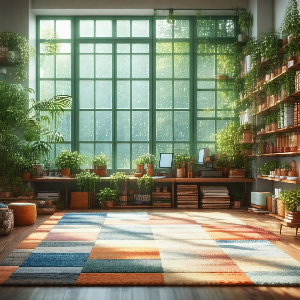Large room with a variety of potted plants and a large wi...