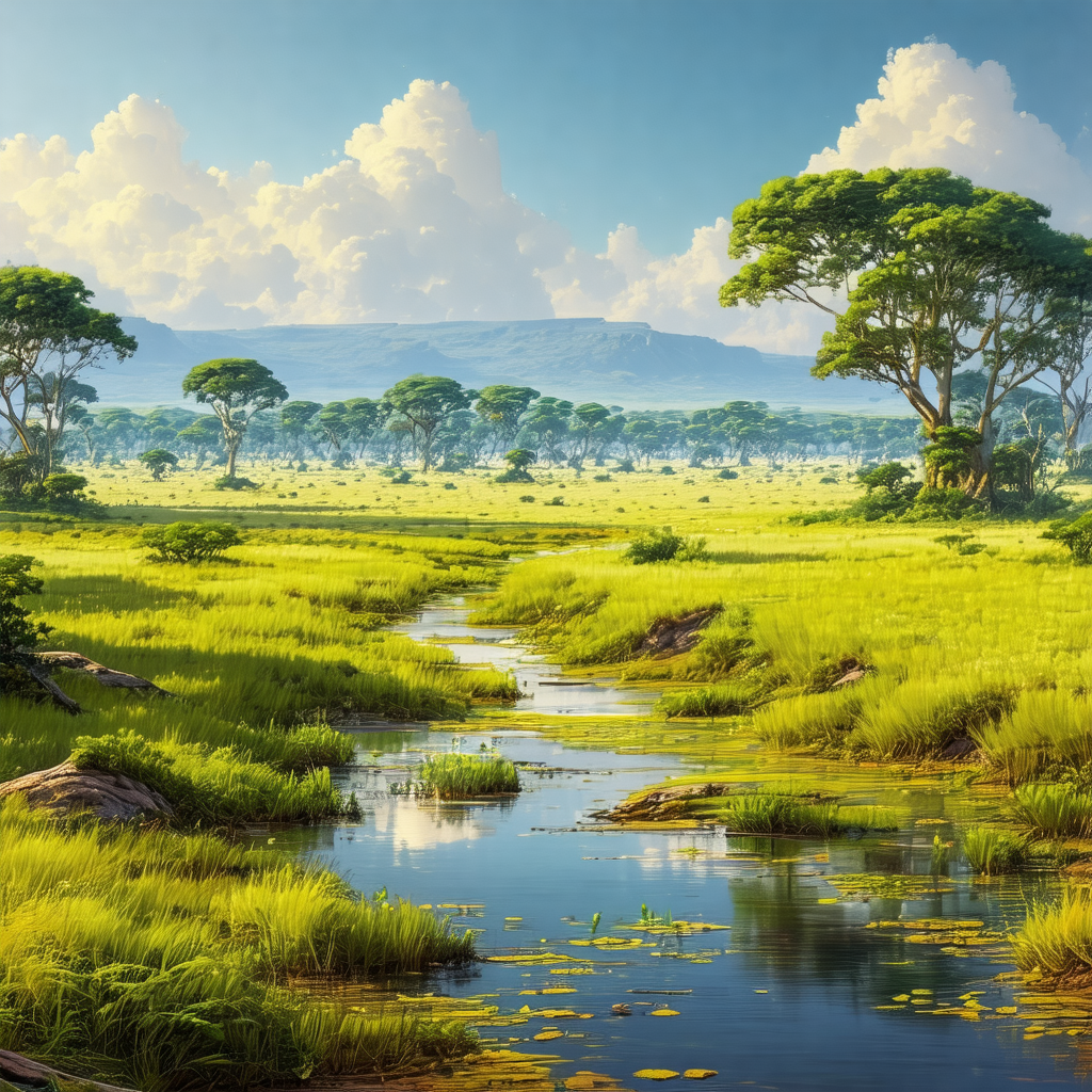 Serene scene of a river flowing through a lush green field