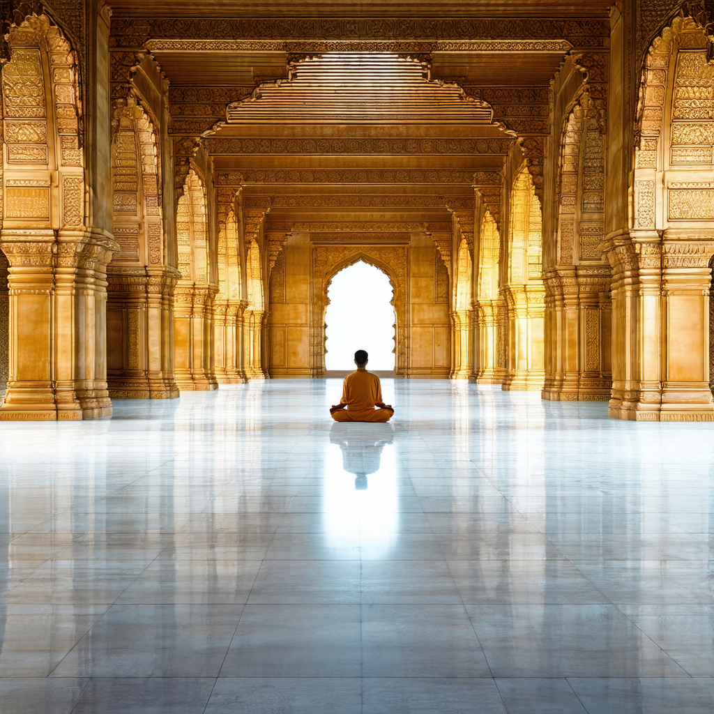 Man sitting in a lotus position on a white marble floor