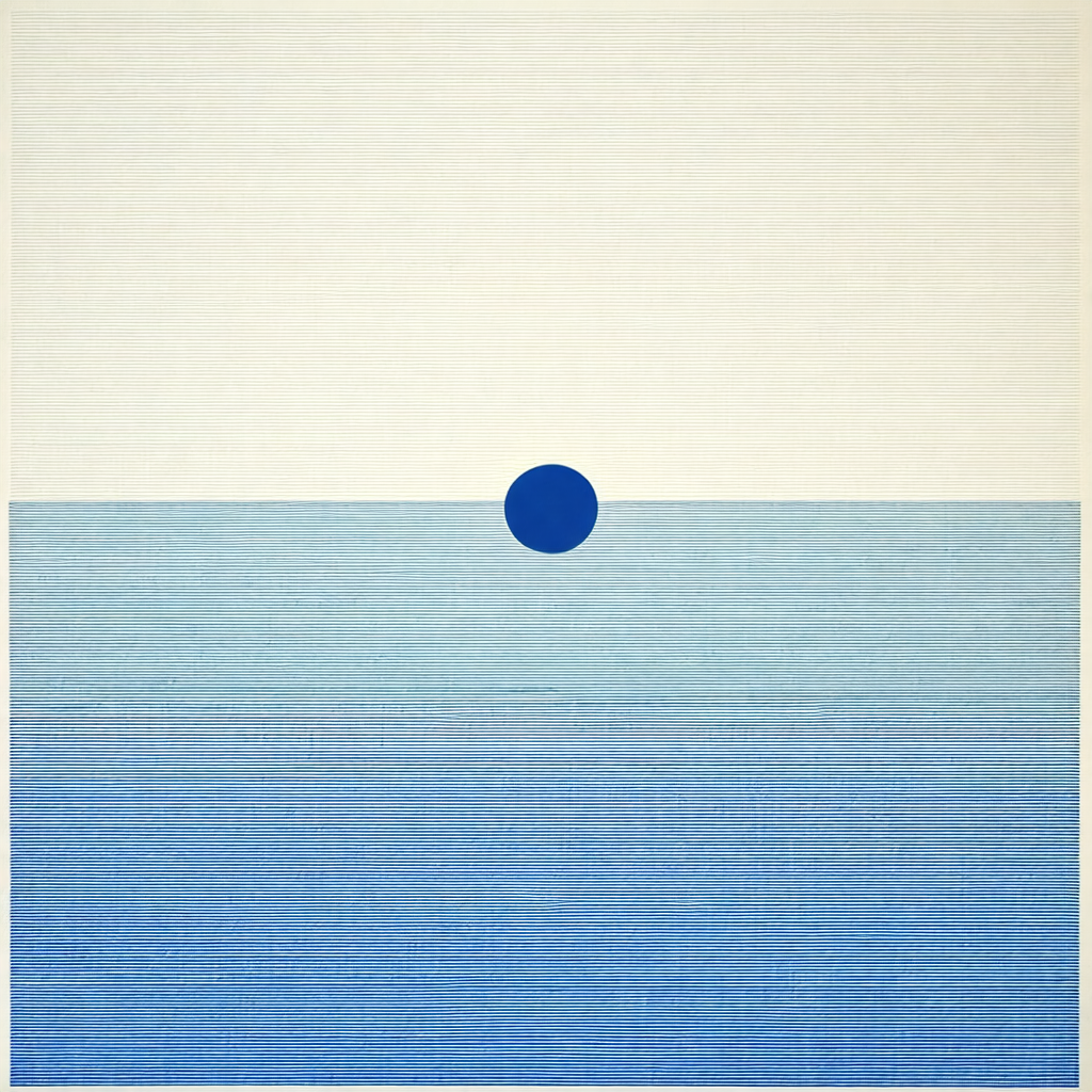 Large blue circle floating in a vast body of water