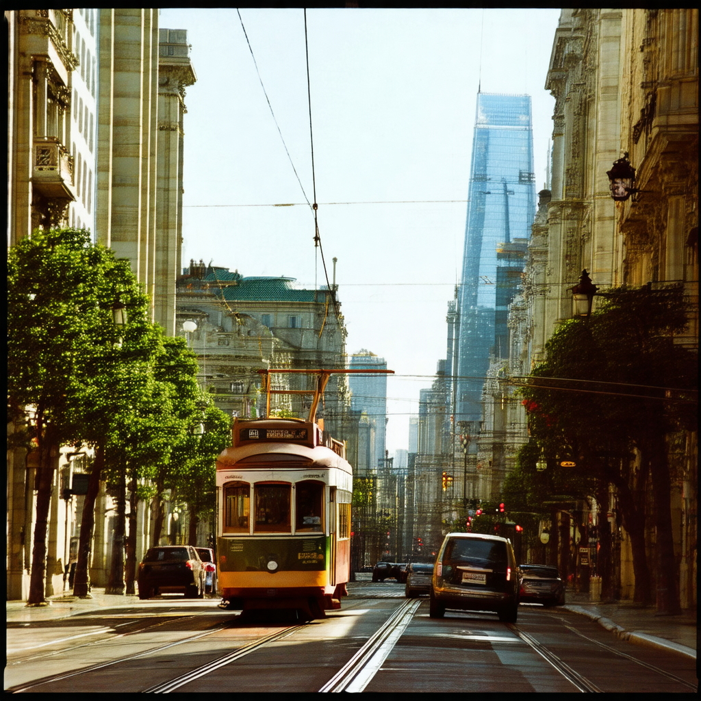 City street with a trolley car driving down the middle of...