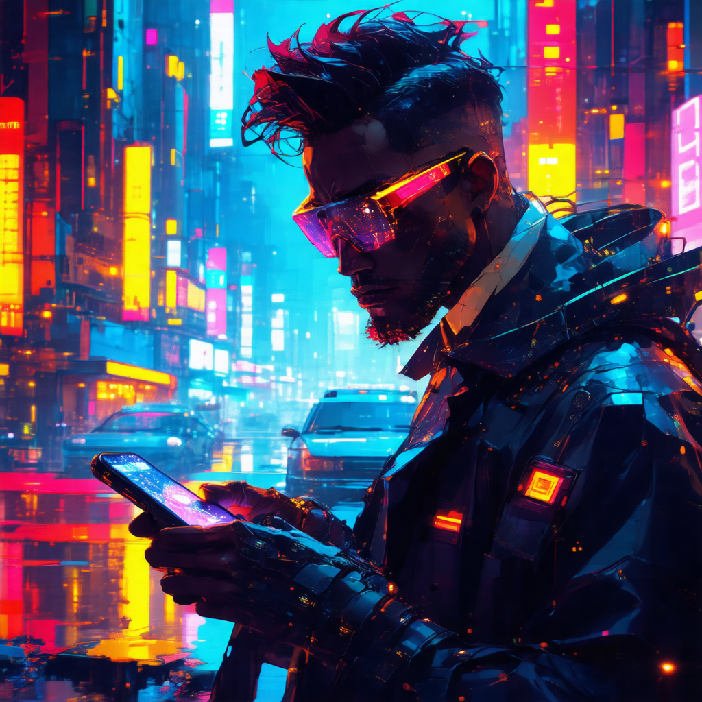 Futuristic cityscape with a man standing in the center, w...