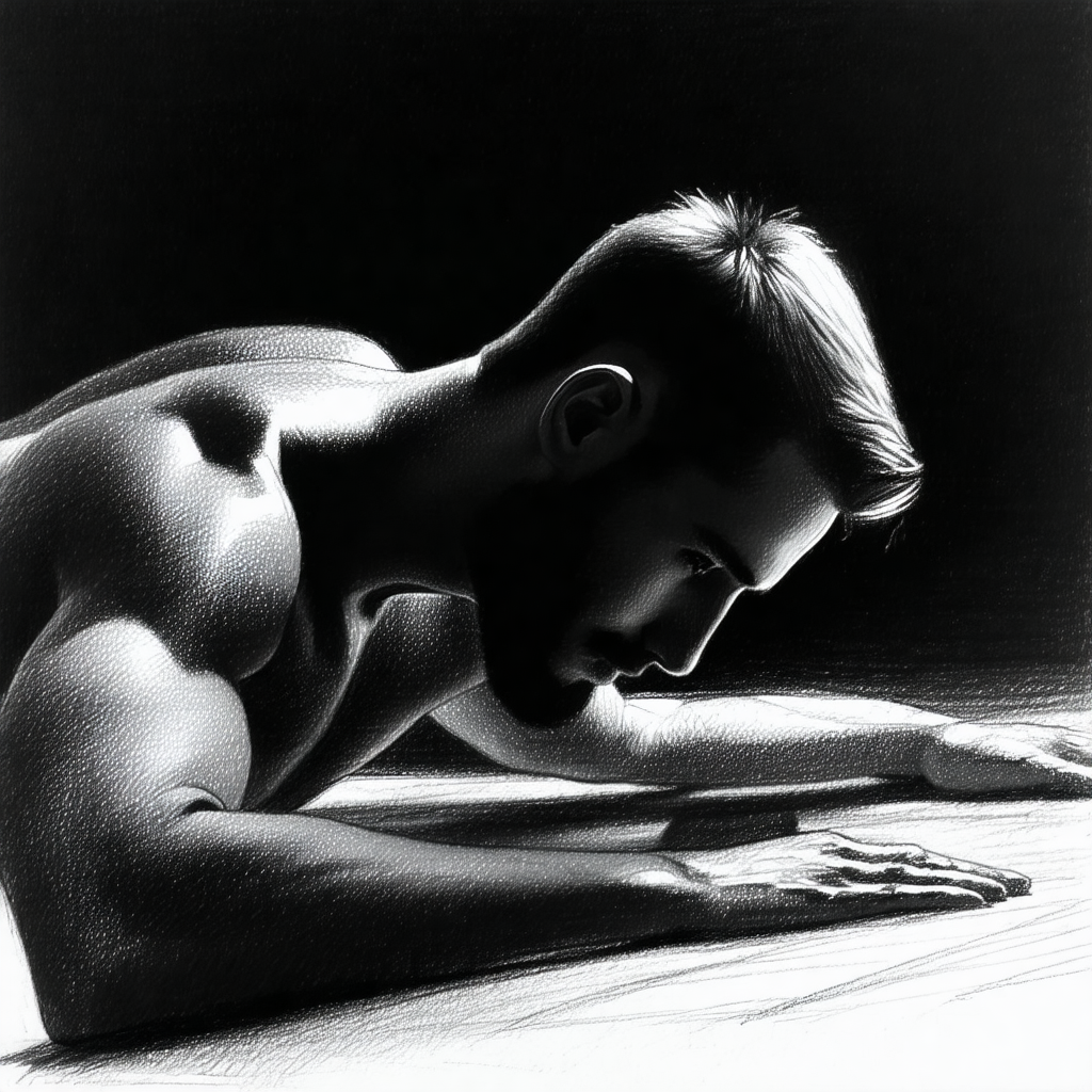 Black and white drawing of a man with a beard, lying on h...