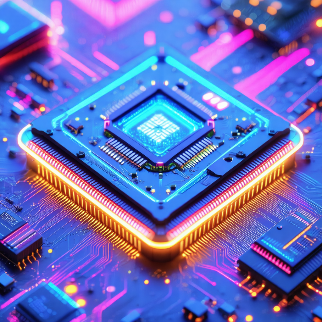 Close-up of a computer chip with a blue and pink glow