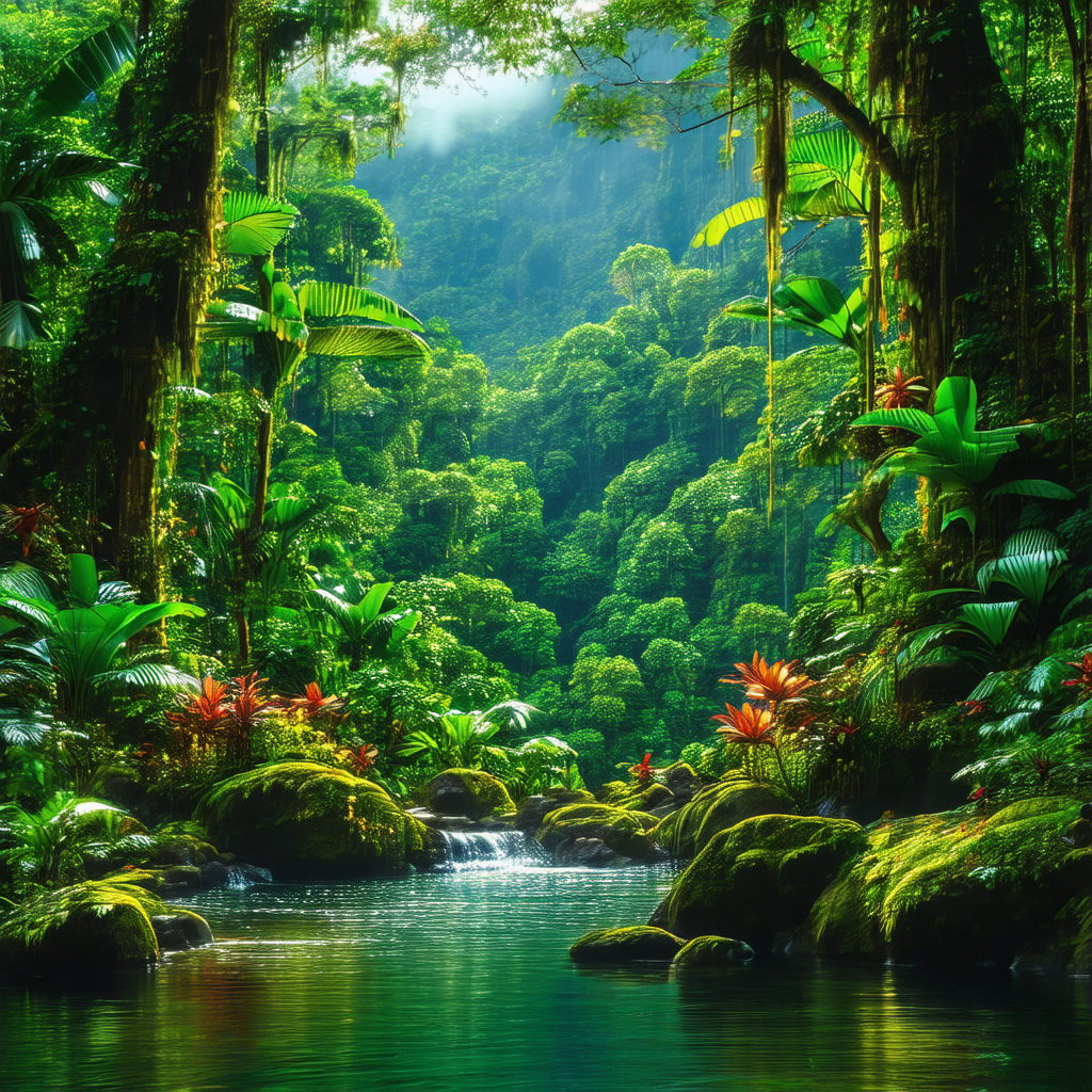 Lush, green forest filled with various trees and plants