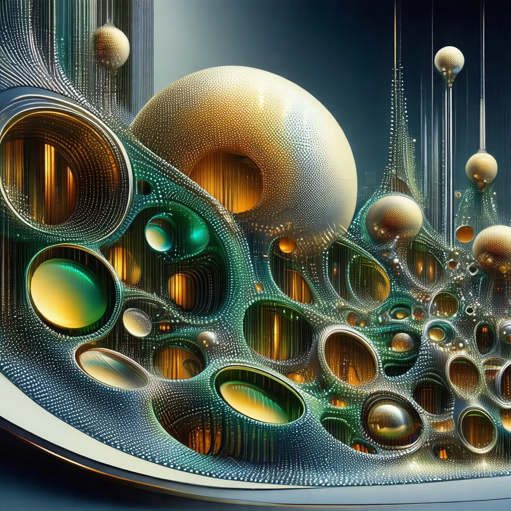 Futuristic artwork featuring a series of interconnected, ...