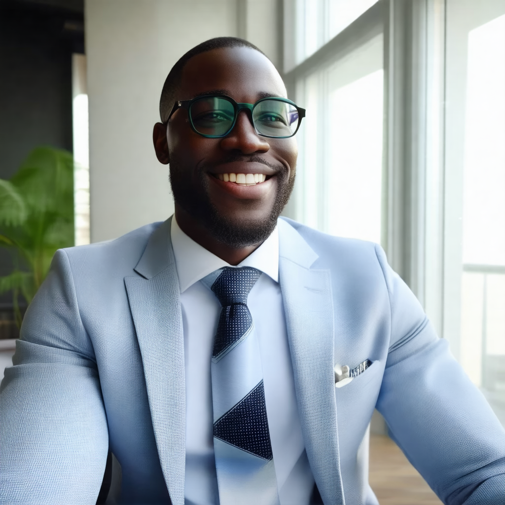 Man wearing a suit and tie, sitting in a chair and smiling