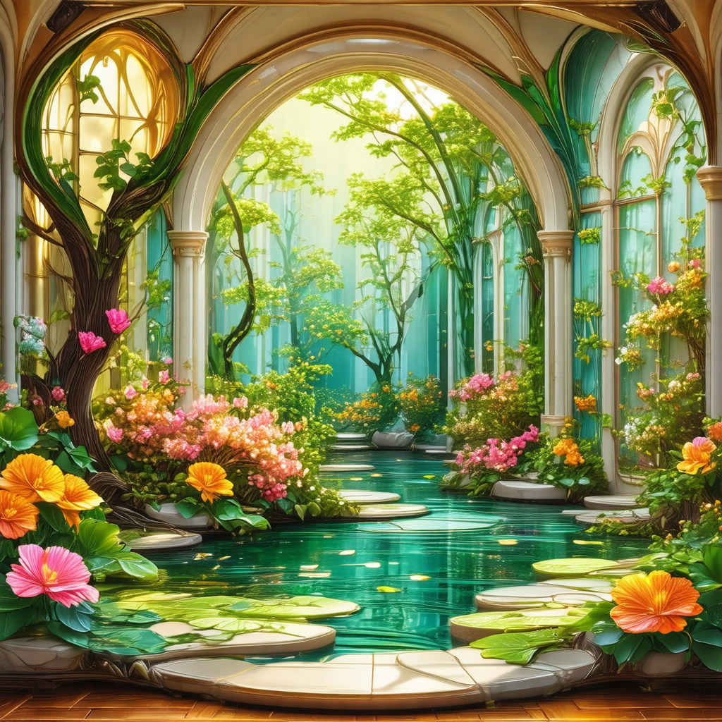 Beautiful garden with a pond surrounded by flowers and trees