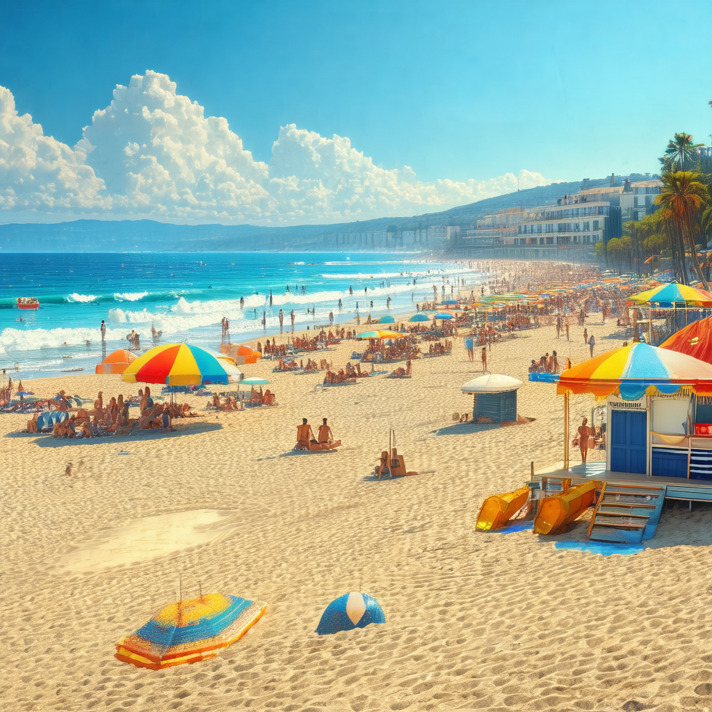 Lively beach scene with a large crowd of people enjoying ...